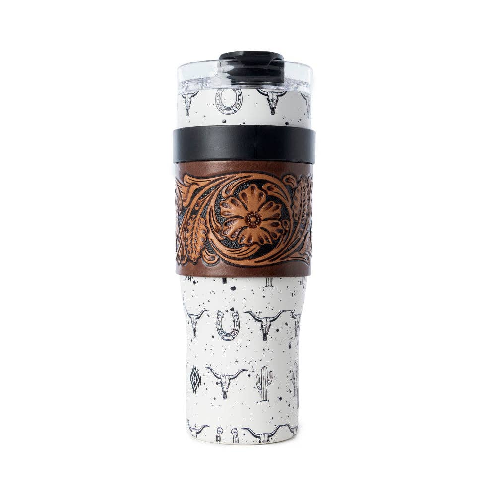 Westmark Tooled Western Tumbler in White Stainless Steel with Leather Wrap and Handle for Use