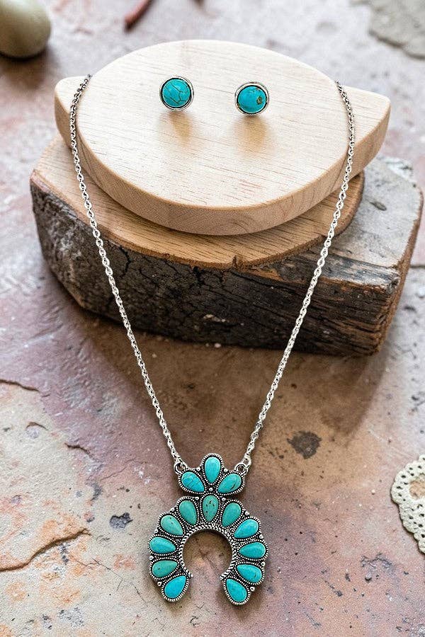 SQUASH BLOSSOM GEMSTONE PENDANT NECKLACE AND ROUND GEM STUD EARRING SET