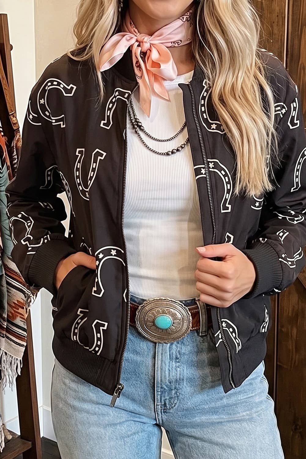 Western Print Long Sleeve Daily Zipper Jacket with Pocket