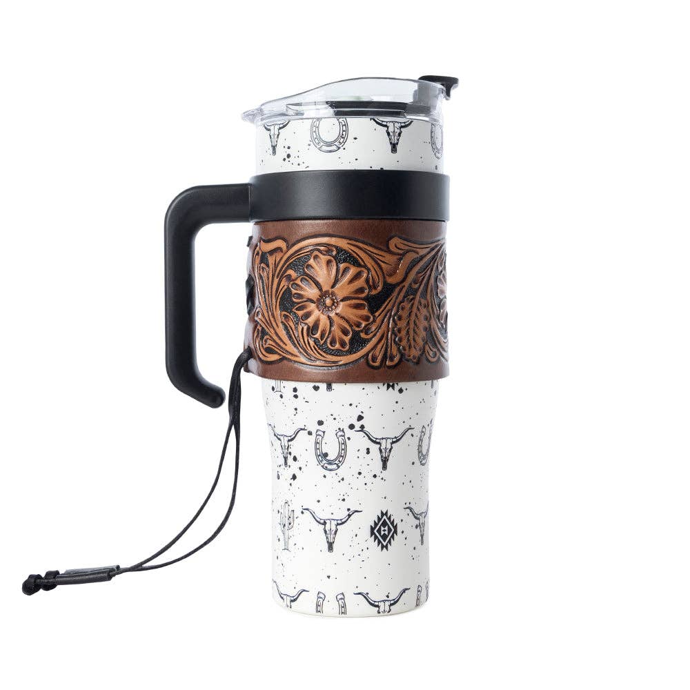 Westmark Tooled Western Tumbler in White Stainless Steel with Leather Wrap and Handle for Use