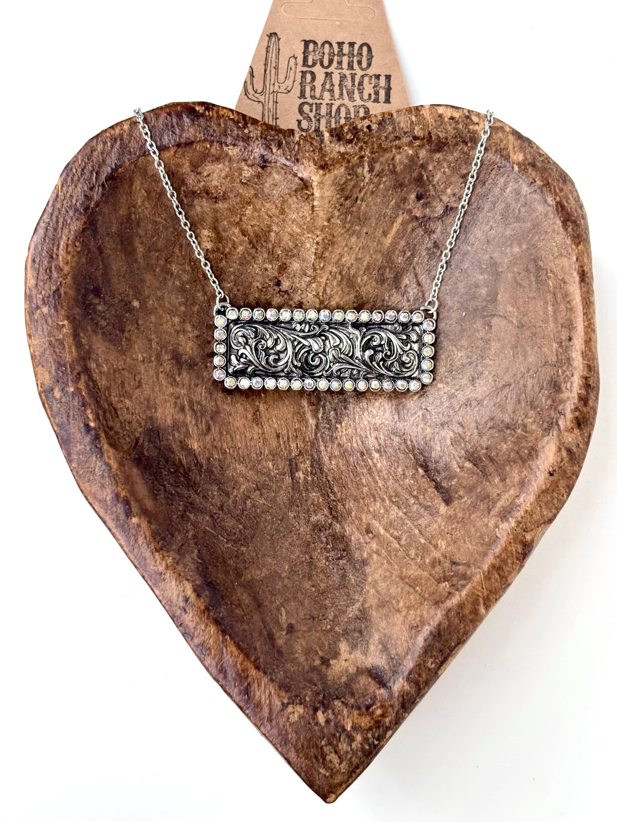 Western Style Rhinestone Rectangle Bar Pendant Necklace