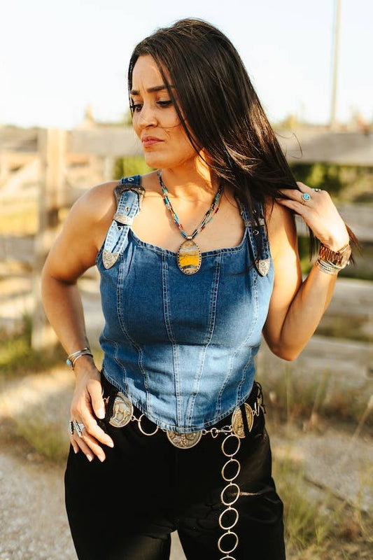 Dark Wash Corset Top W Buckle Strap