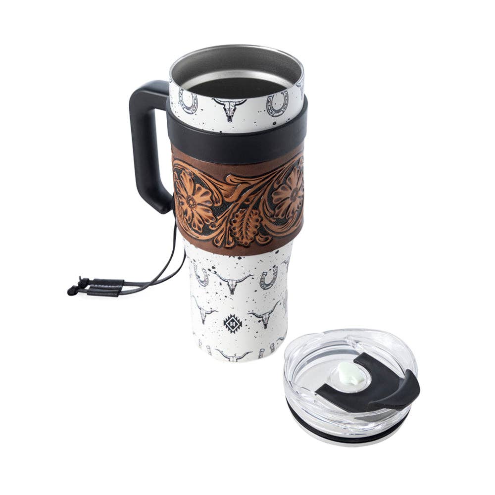 Westmark Tooled Western Tumbler in White Stainless Steel with Leather Wrap and Handle for Use
