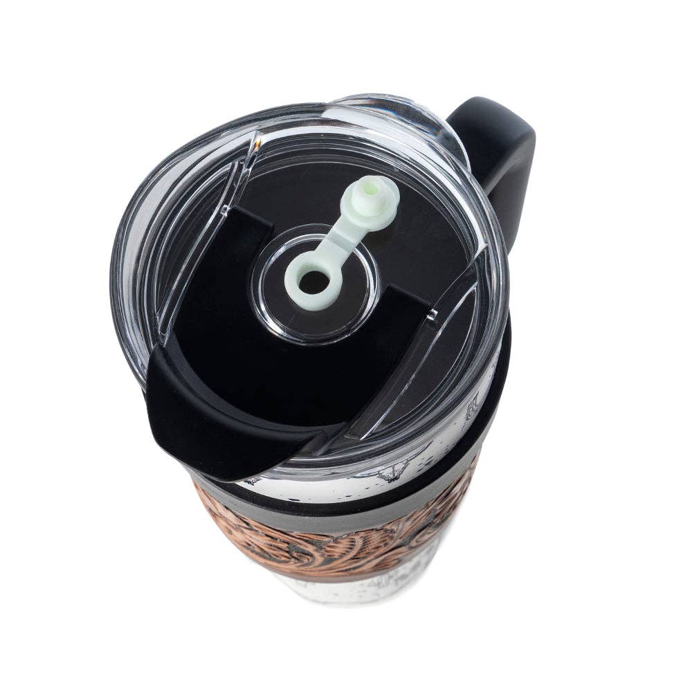 Westmark Tooled Western Tumbler in White Stainless Steel with Leather Wrap and Handle for Use
