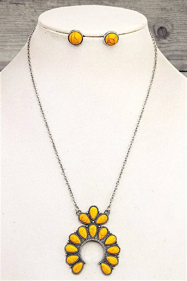 SQUASH BLOSSOM GEMSTONE PENDANT NECKLACE AND ROUND GEM STUD EARRING SET