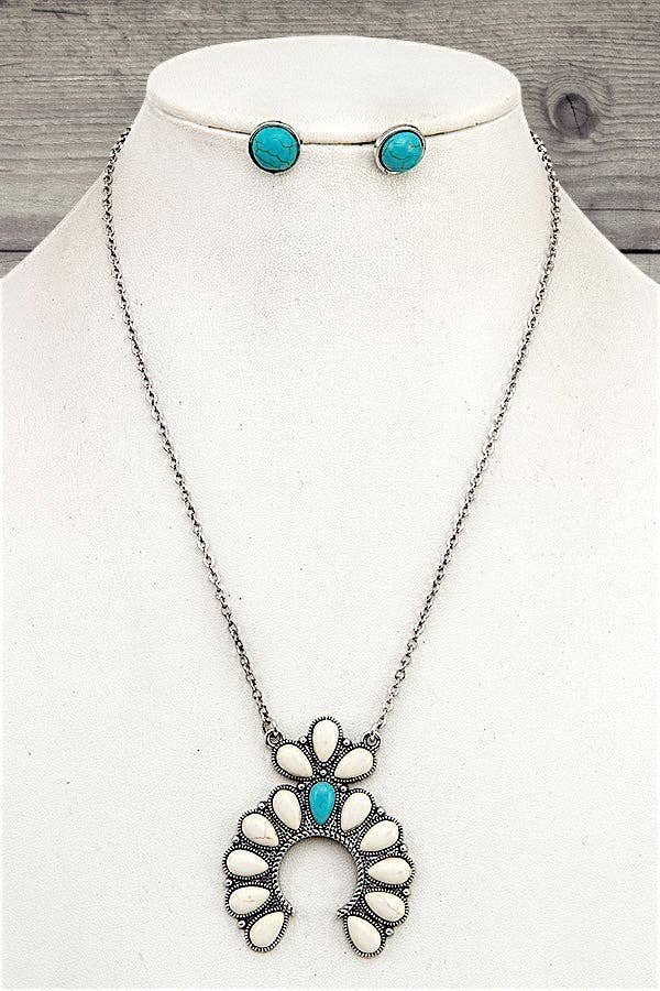 SQUASH BLOSSOM GEMSTONE PENDANT NECKLACE AND ROUND GEM STUD EARRING SET