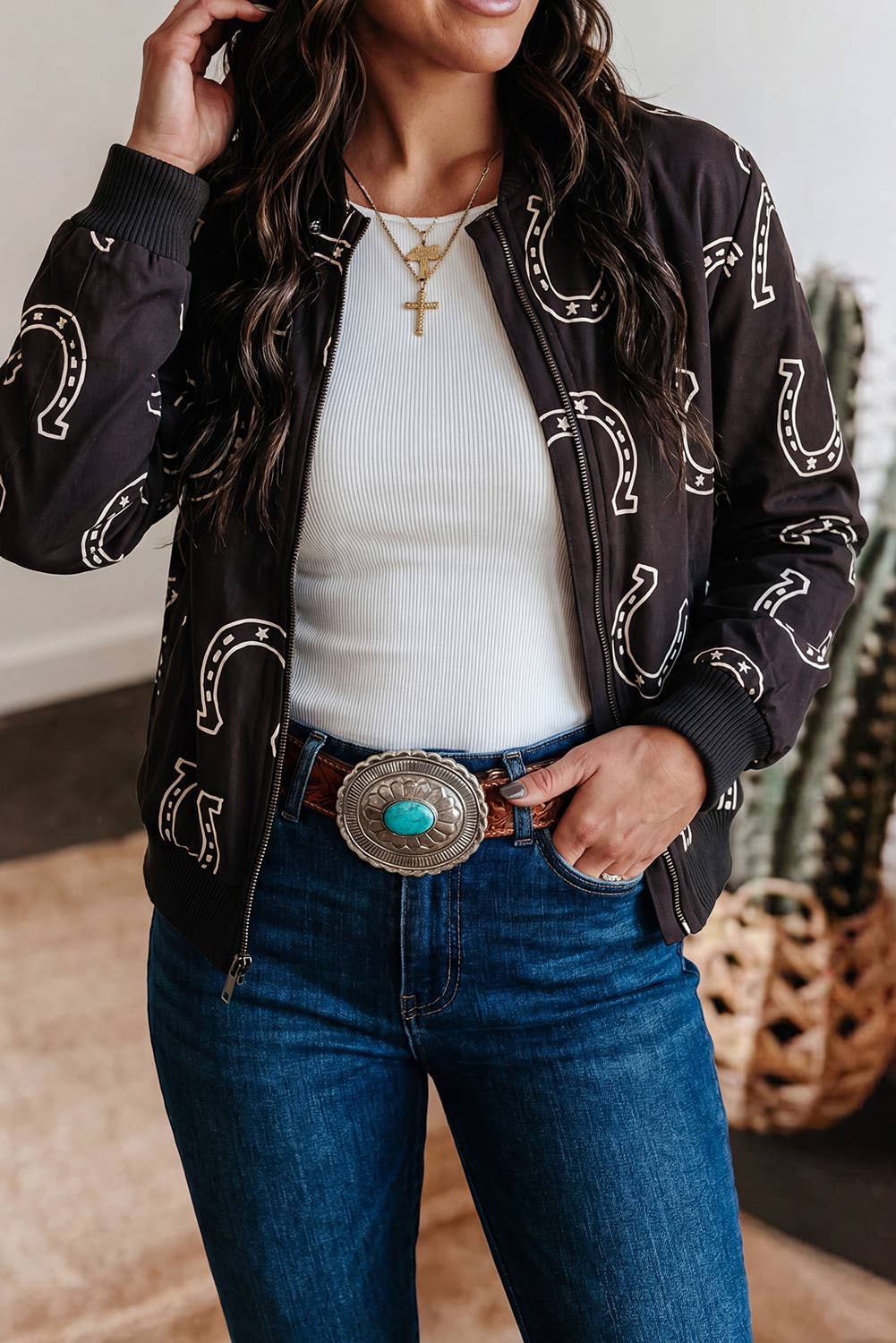Western Print Long Sleeve Daily Zipper Jacket with Pocket