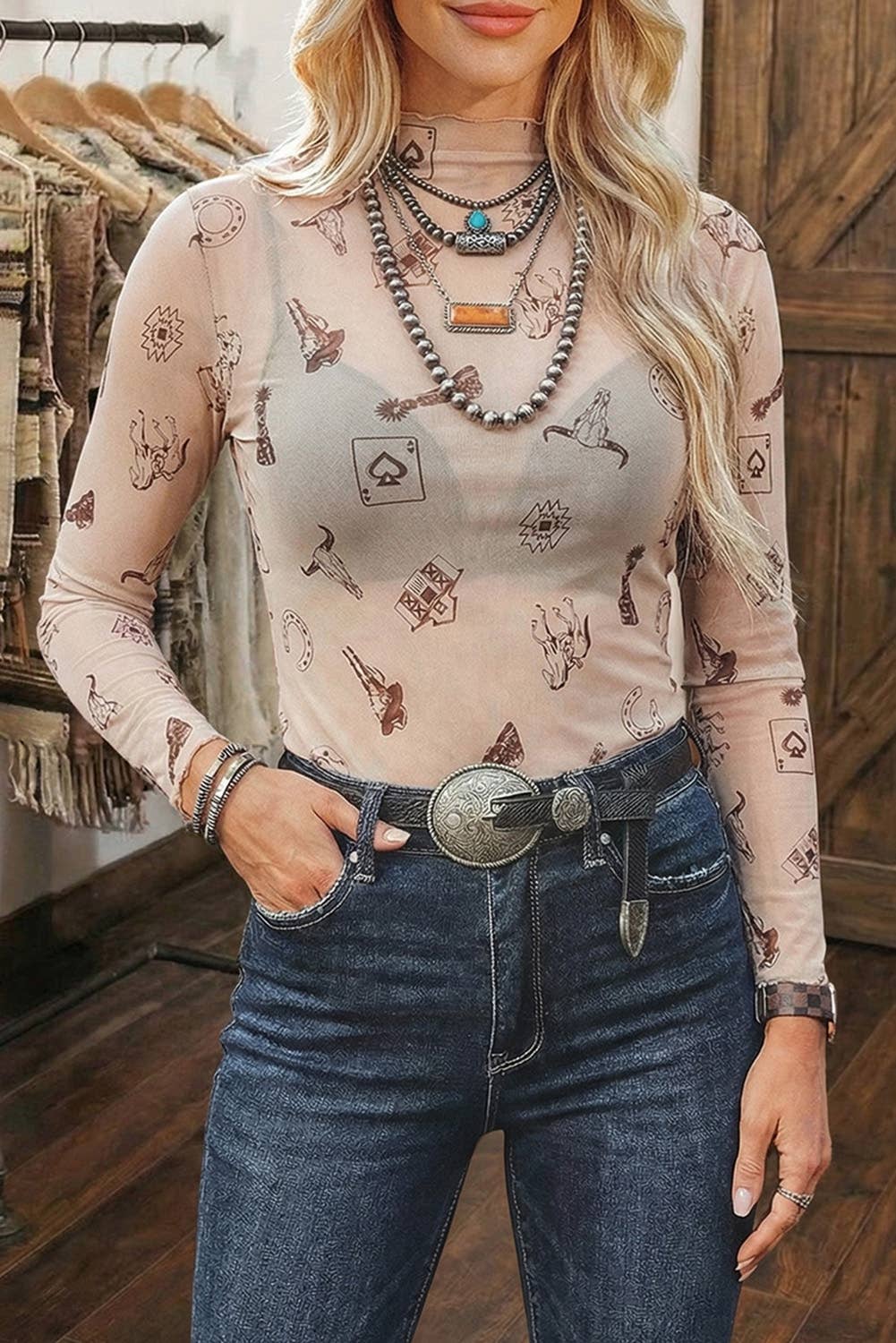 F/W 2026 Western Mesh Long Sleeve Mock Neck Top