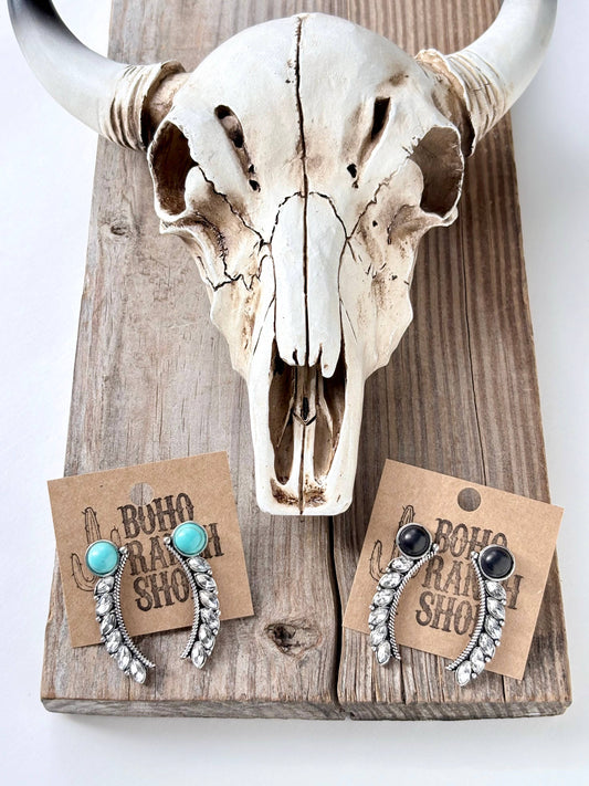 Western Style Turquoise Stone Rhinestone Statement Earrings