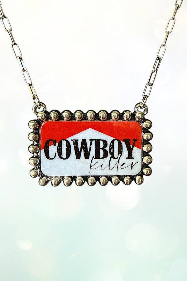BUBBLE FRAMED VINTAGE LOOK COWBOY KILLER RECTANGULAR PENDANT NECKLACE