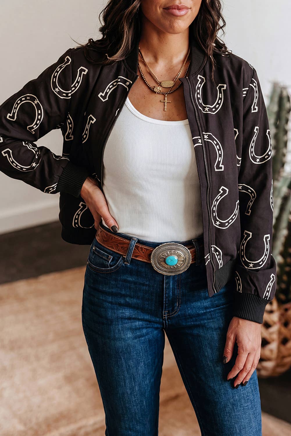 Western Print Long Sleeve Daily Zipper Jacket with Pocket