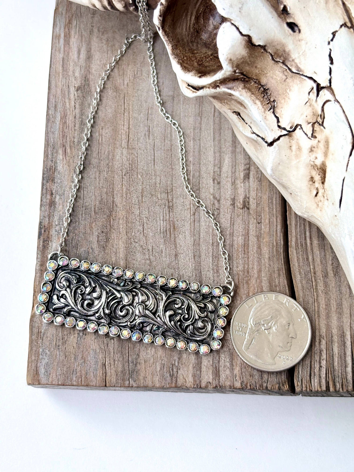Western Style Rhinestone Rectangle Bar Pendant Necklace