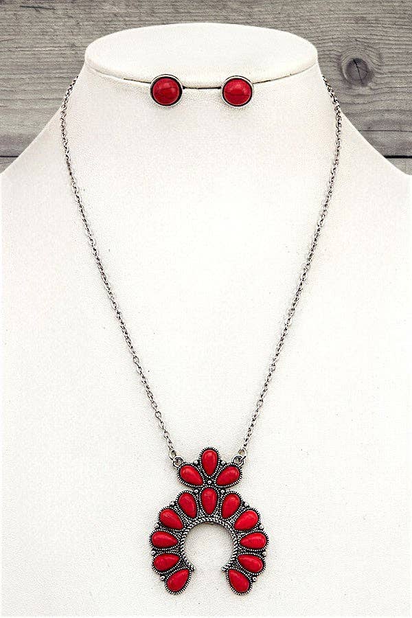 SQUASH BLOSSOM GEMSTONE PENDANT NECKLACE AND ROUND GEM STUD EARRING SET