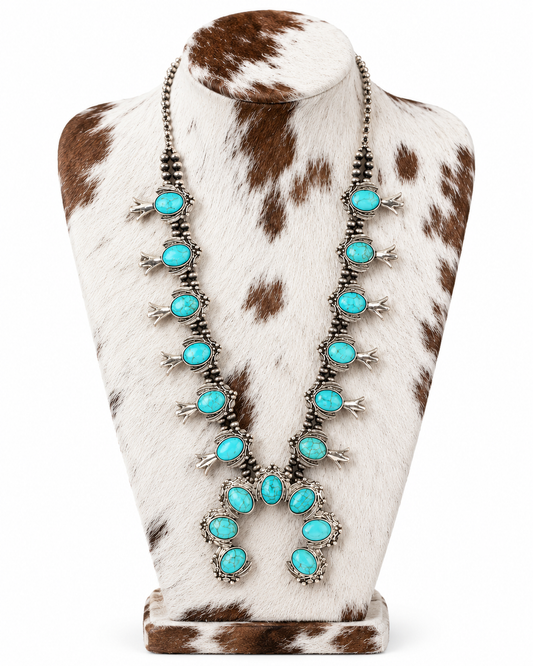 Western Navajo Style Squash Blossom Stone Necklace