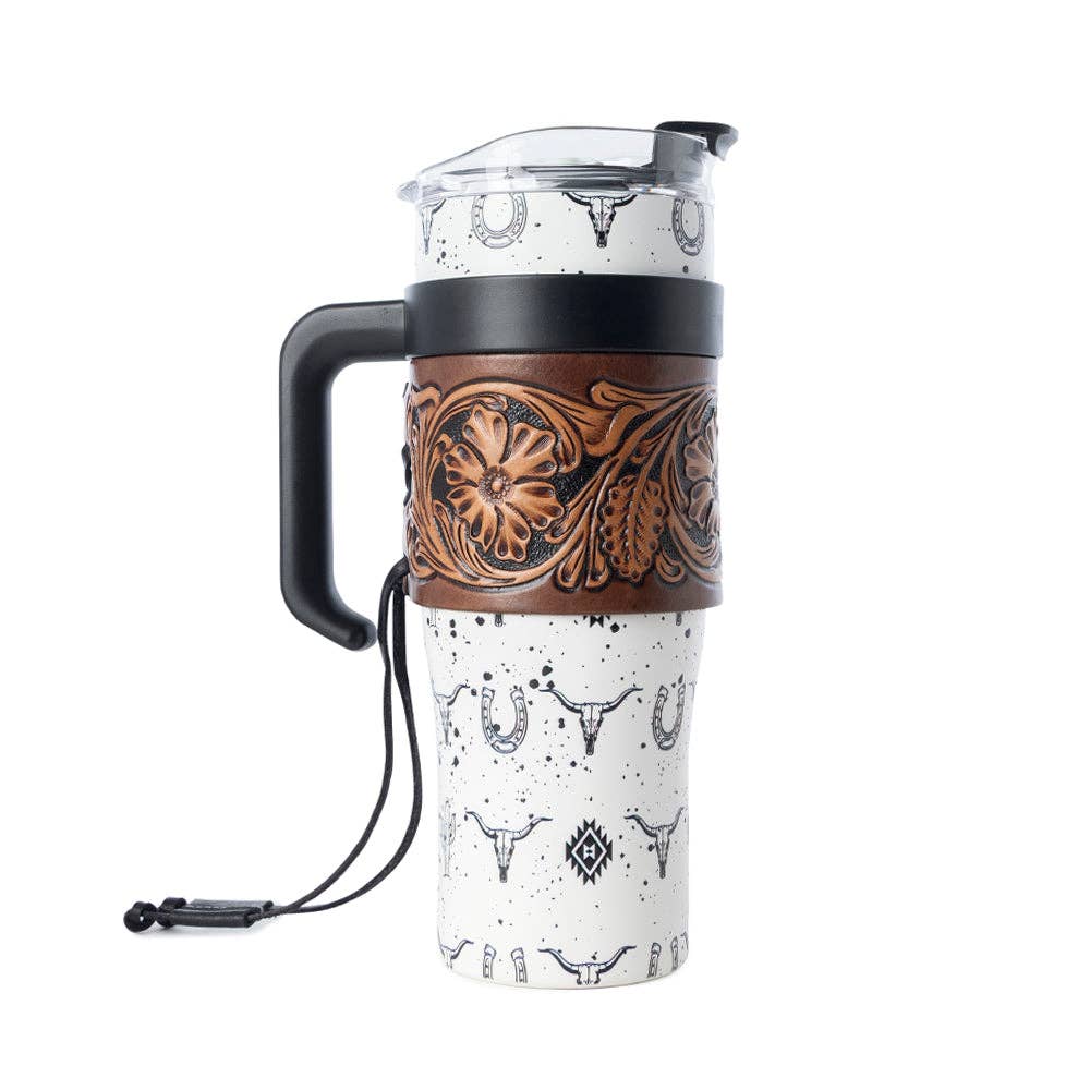 Westmark Tooled Western Tumbler in White Stainless Steel with Leather Wrap and Handle for Use