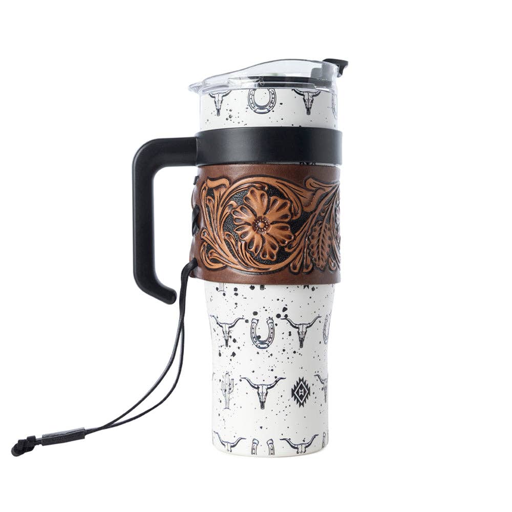 Westmark Tooled Western Tumbler in White Stainless Steel with Leather Wrap and Handle for Use