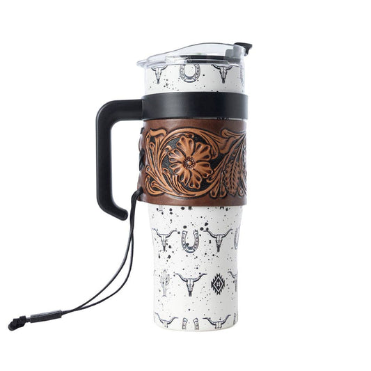 Westmark Tooled Western Tumbler in White Stainless Steel with Leather Wrap and Handle for Use