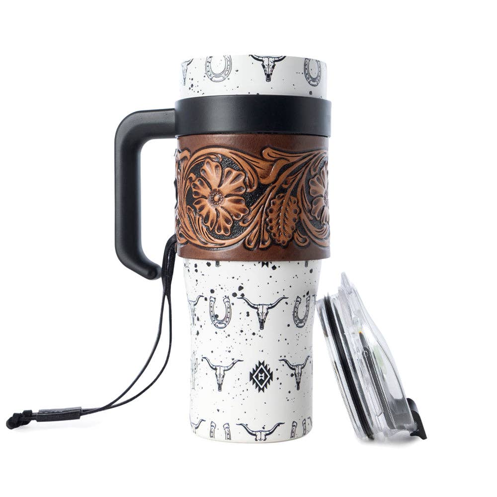 Westmark Tooled Western Tumbler in White Stainless Steel with Leather Wrap and Handle for Use
