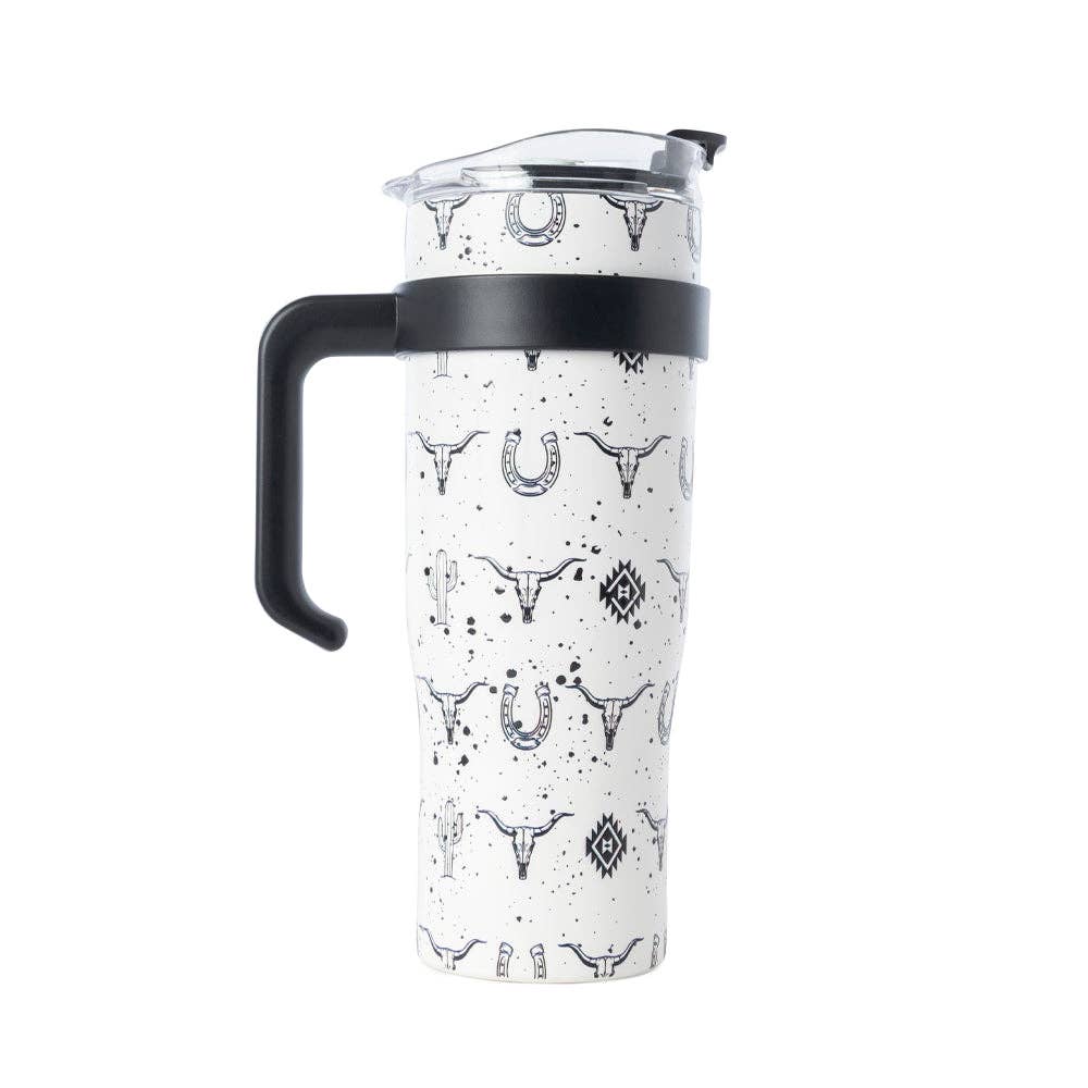 Westmark Tooled Western Tumbler in White Stainless Steel with Leather Wrap and Handle for Use