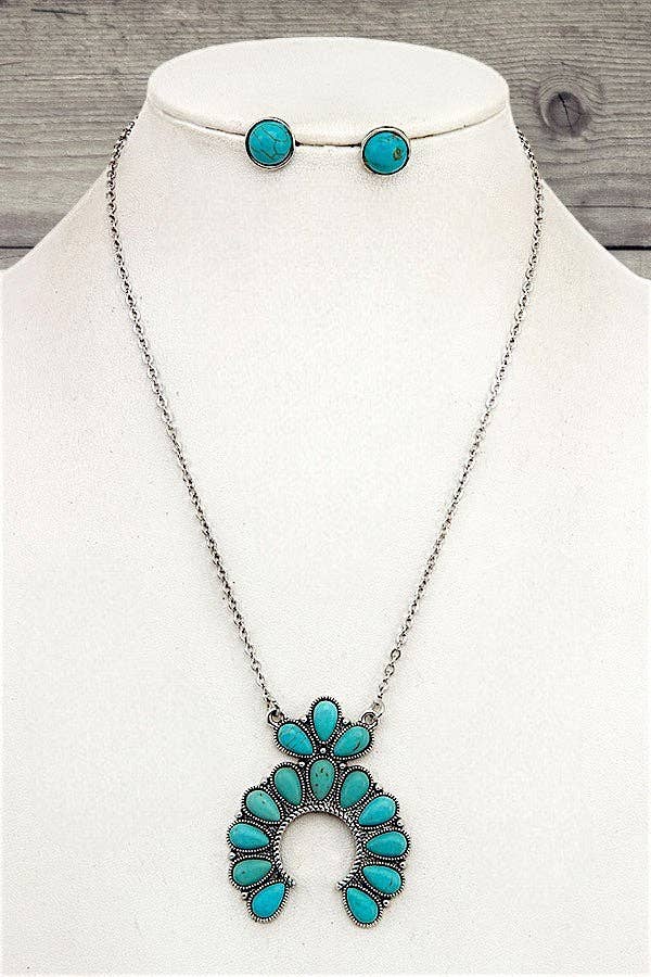 SQUASH BLOSSOM GEMSTONE PENDANT NECKLACE AND ROUND GEM STUD EARRING SET
