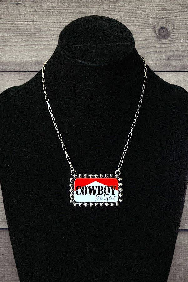 BUBBLE FRAMED VINTAGE LOOK COWBOY KILLER RECTANGULAR PENDANT NECKLACE