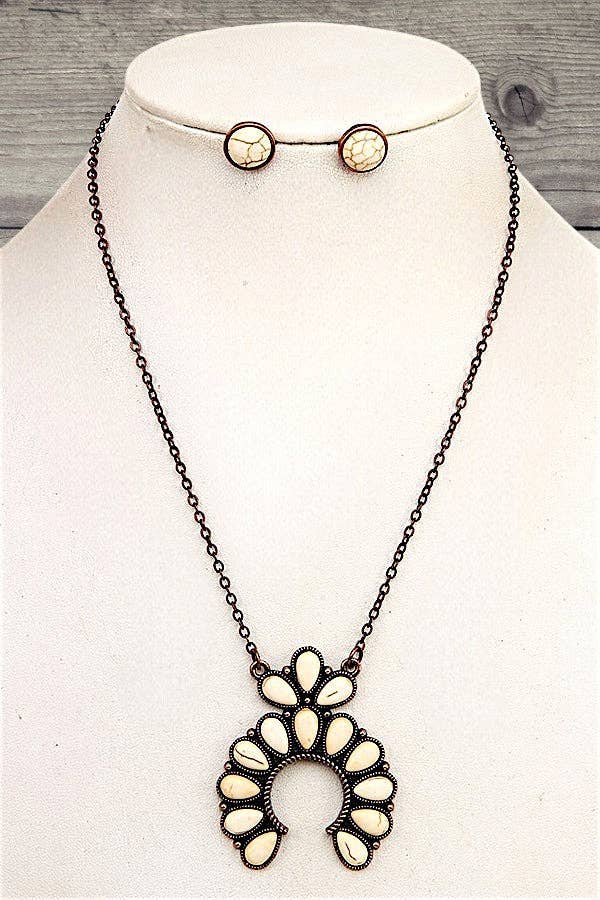 SQUASH BLOSSOM GEMSTONE PENDANT NECKLACE AND ROUND GEM STUD EARRING SET