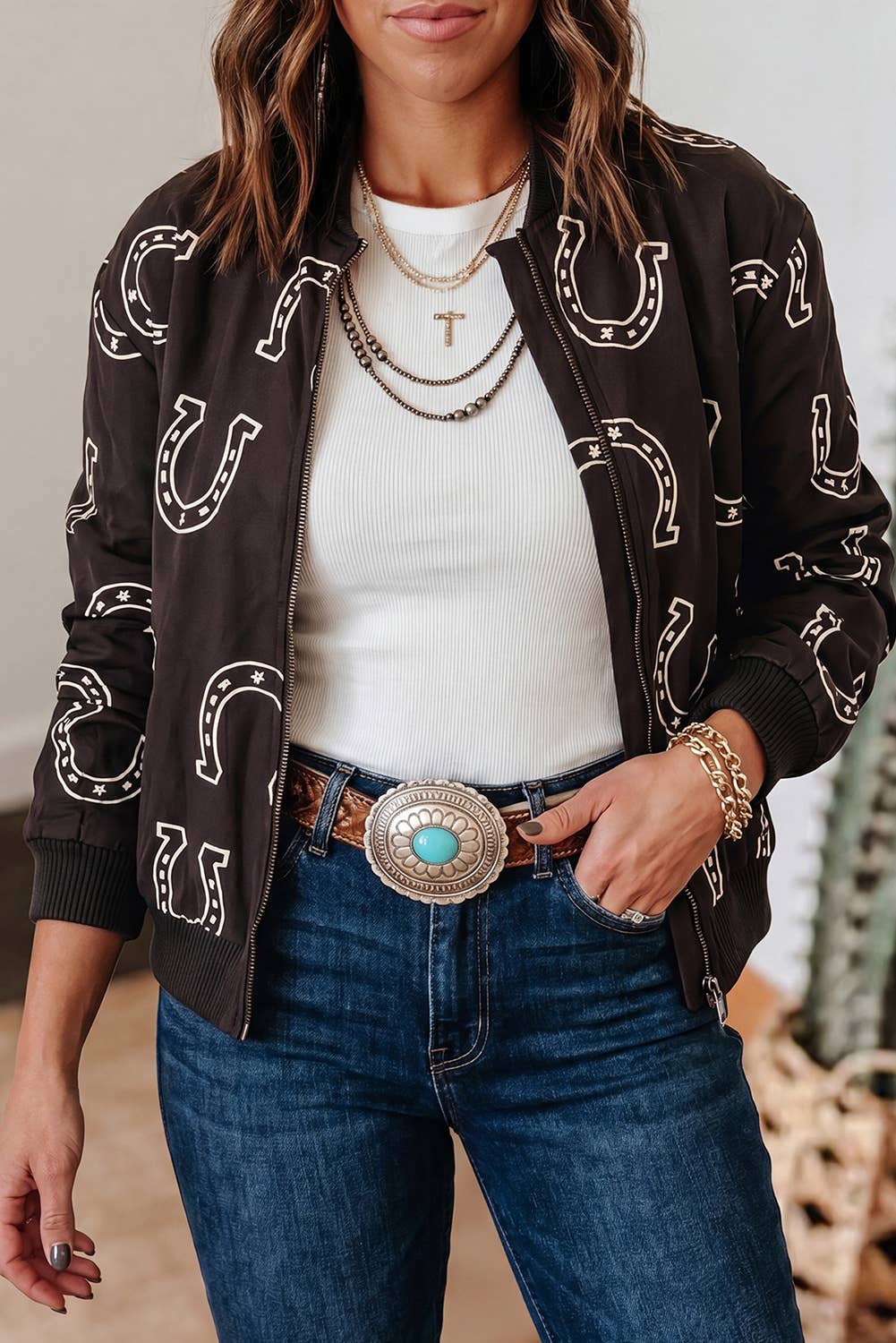 Western Print Long Sleeve Daily Zipper Jacket with Pocket