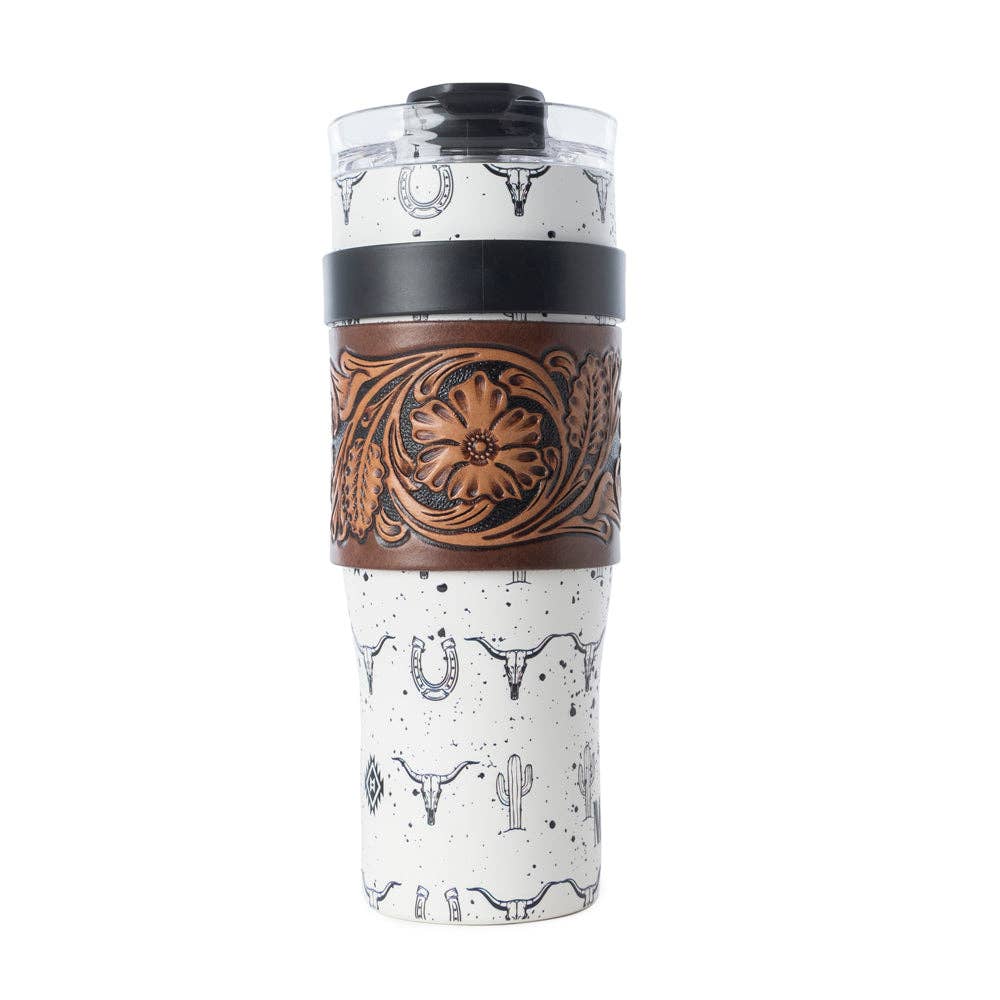 Westmark Tooled Western Tumbler in White Stainless Steel with Leather Wrap and Handle for Use
