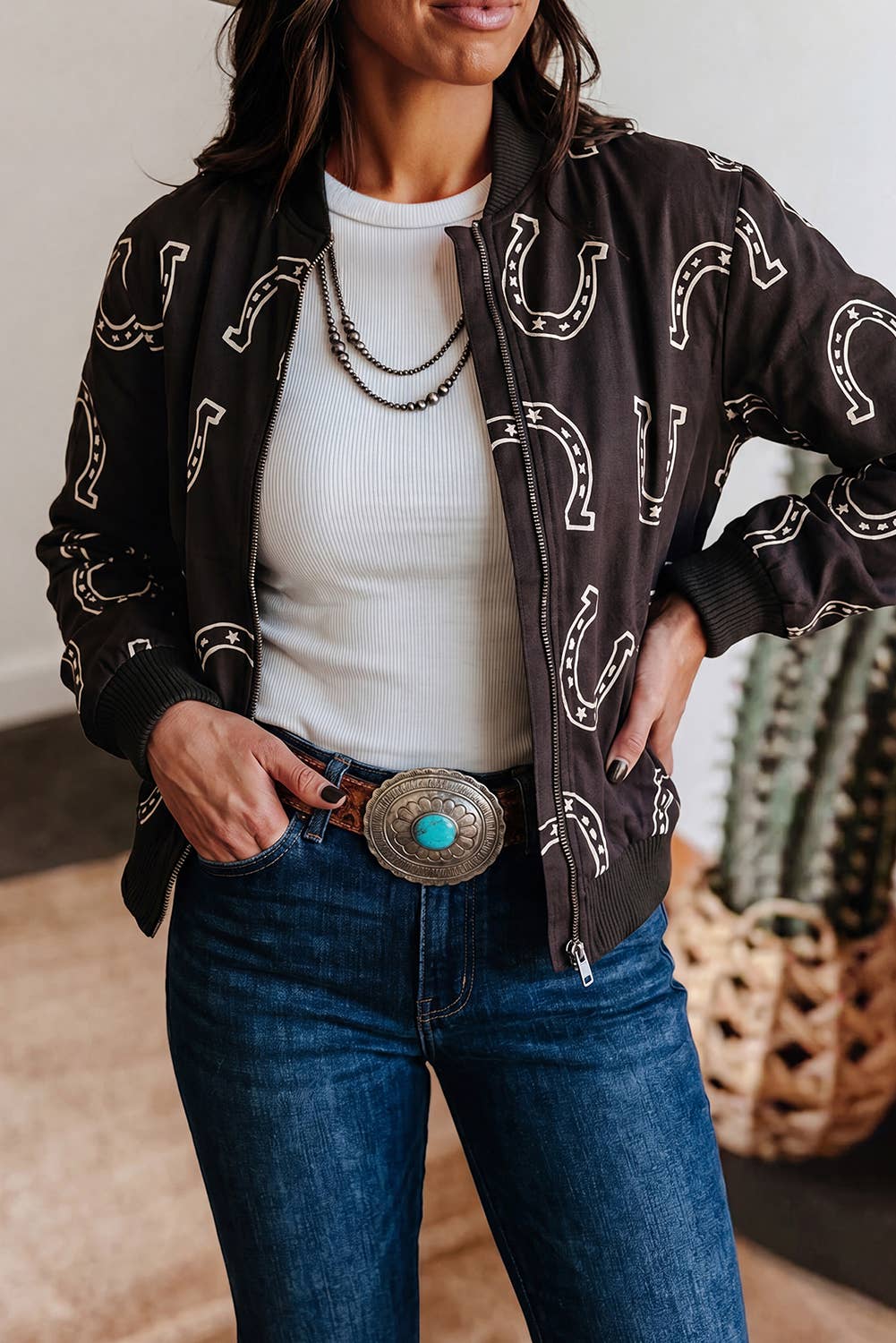 Western Print Long Sleeve Daily Zipper Jacket with Pocket