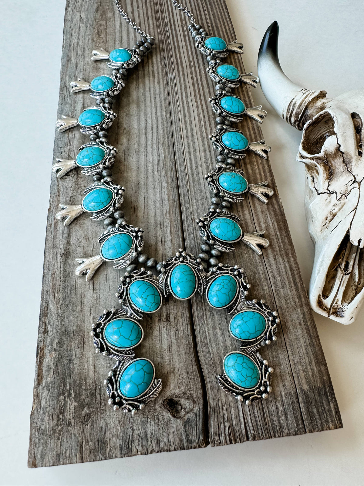 Western Navajo Style Squash Blossom Stone Necklace