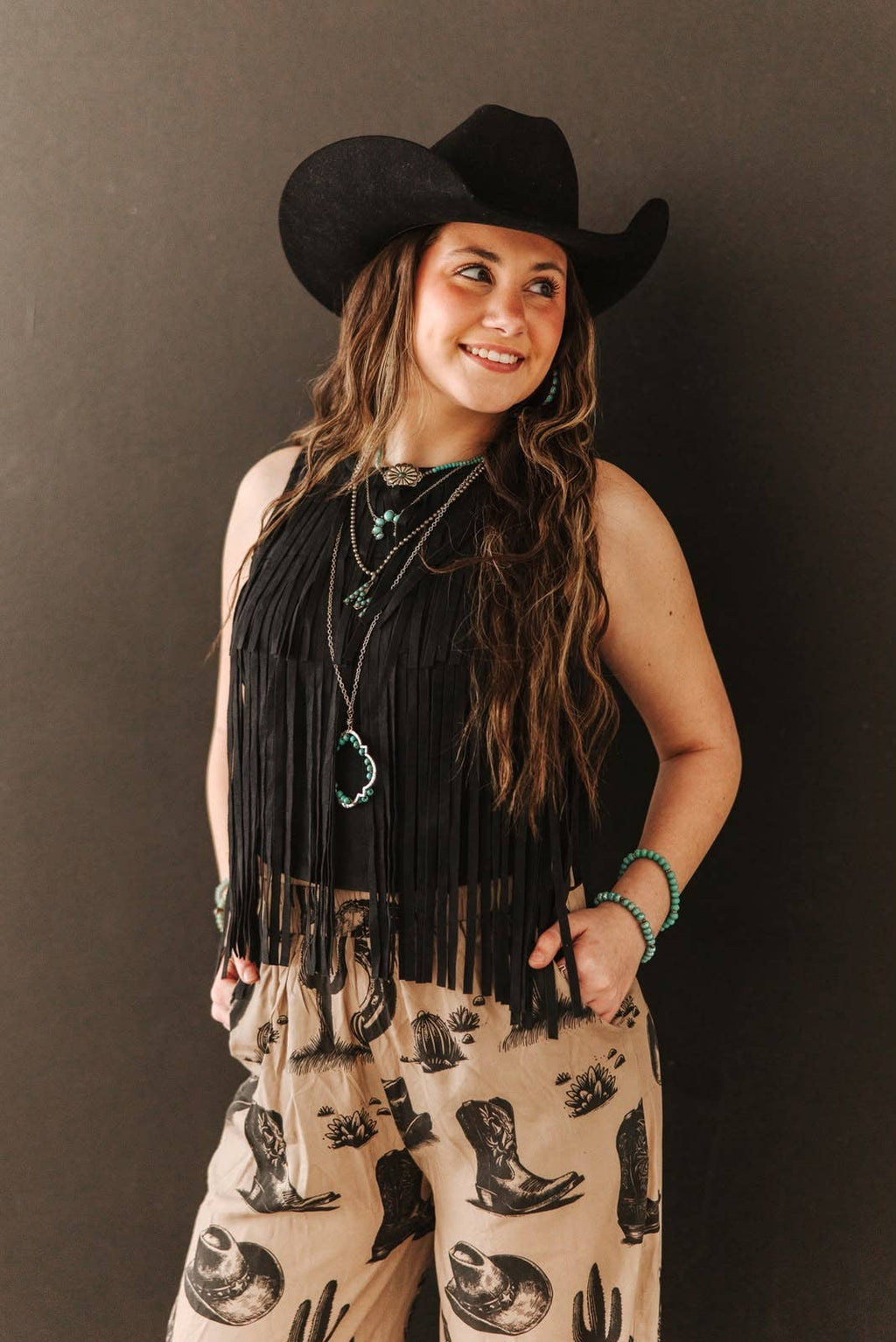 Black Stretch Suede Fringe Tier Sleeveless Top